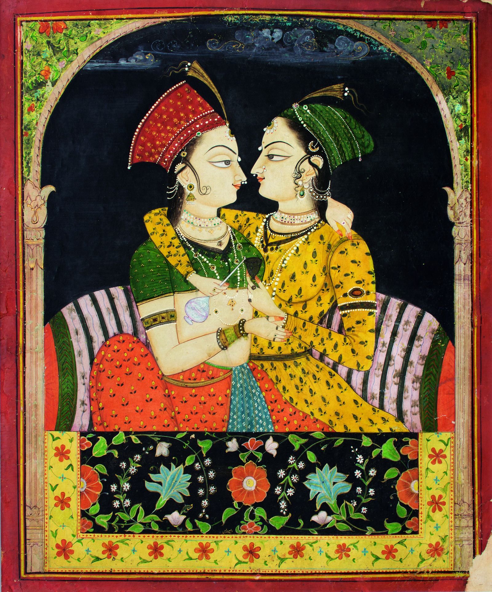 Two Ladies embracing at a Jharokha (1820-30)