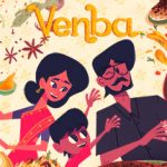 Illustration colorée d’une famille indienne souriante entourée d’épices, légumes et ingrédients culinaires, avec le titre « Venba ».