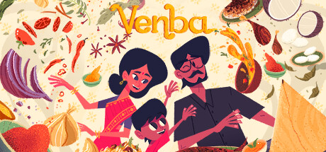 Illustration colorée d’une famille indienne souriante entourée d’épices, légumes et ingrédients culinaires, avec le titre « Venba ».