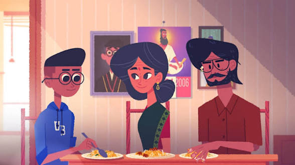 Illustration d’une famille assise à table partageant un repas dans une ambiance chaleureuse et conviviale.