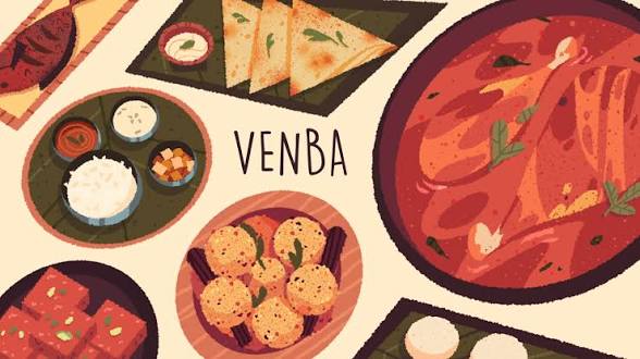 Illustration colorée de plats inspirés de la cuisine indienne, avec soupe épicée, riz, pains plats et accompagnements disposés autour du titre « Venba ».
