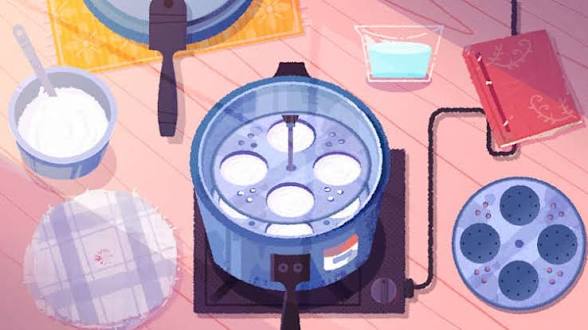 Illustration d’un cuiseur vapeur contenant plusieurs gâteaux de riz en préparation, entouré d’ustensiles et d’ingrédients sur un plan de travail de cuisine.