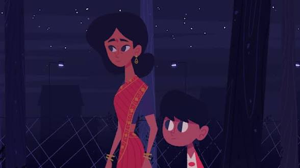 Illustration animée d’une femme en sari rose marchant avec un enfant la nuit, sous un ciel étoilé, dans une ambiance calme et poétique.