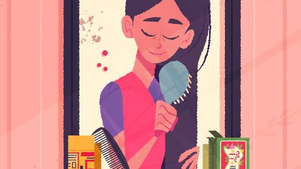 Illustration d’une femme en sari se coiffant devant un miroir, tenant une brosse à cheveux dans une chambre aux tons roses et chaleureux.