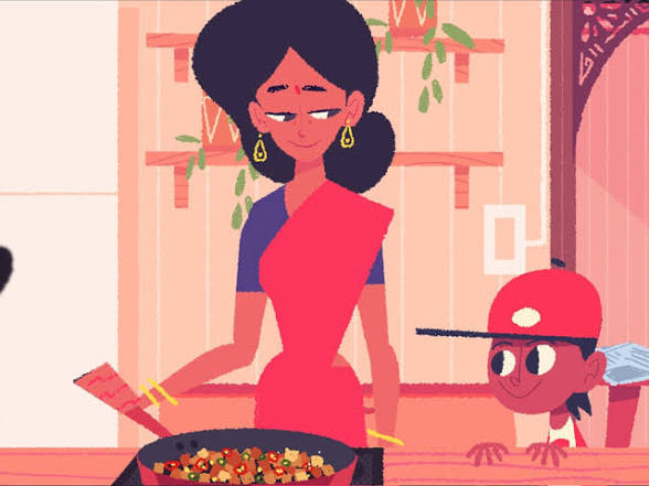 Illustration animée d’une femme en sari rose cuisinant dans une cuisine chaleureuse, observée avec curiosité par un enfant portant une casquette rouge.