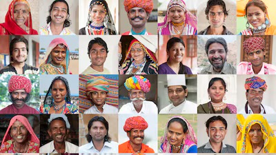 Portraits de personnes originaires de différentes régions de l’Inde illustrant la diversité ethnique, culturelle et vestimentaire du pays.